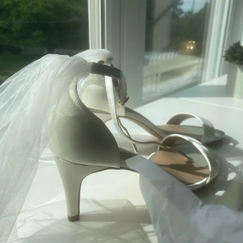 BHLDN White Satin Bow Ankle Strap Heels